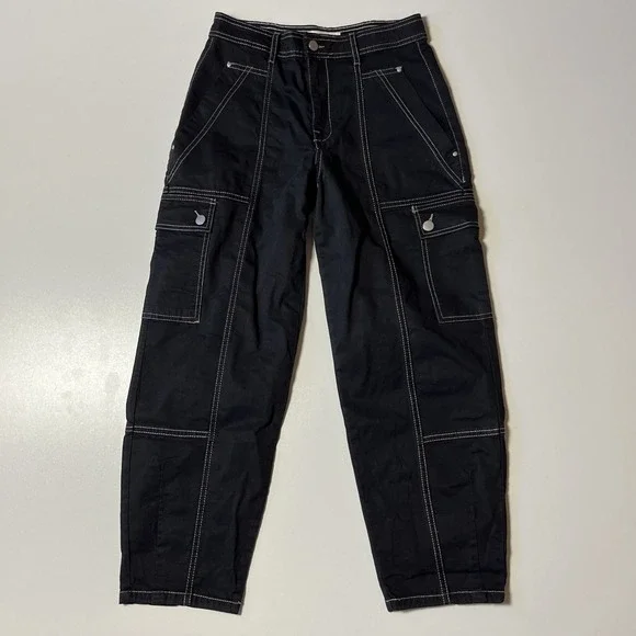 Anthropologie Utility Barrel Pants Size 2 Black Linen Blend Cargo Pocket Trouser - Picture 2 of 9